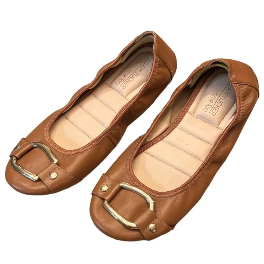 Adam Tucker by Me Too Nellie Tan Leather Ballet Flat Gold Buckle Size 7.5 - Picture 2 of 11